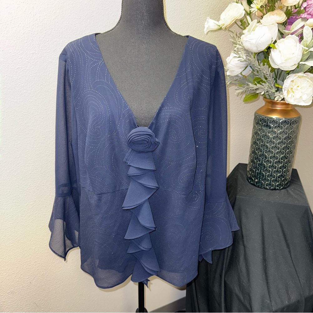 Dana Kay Navy Sheer Ruffle Blouse Rosette Front 3/4 Sleeve Plus 24W
